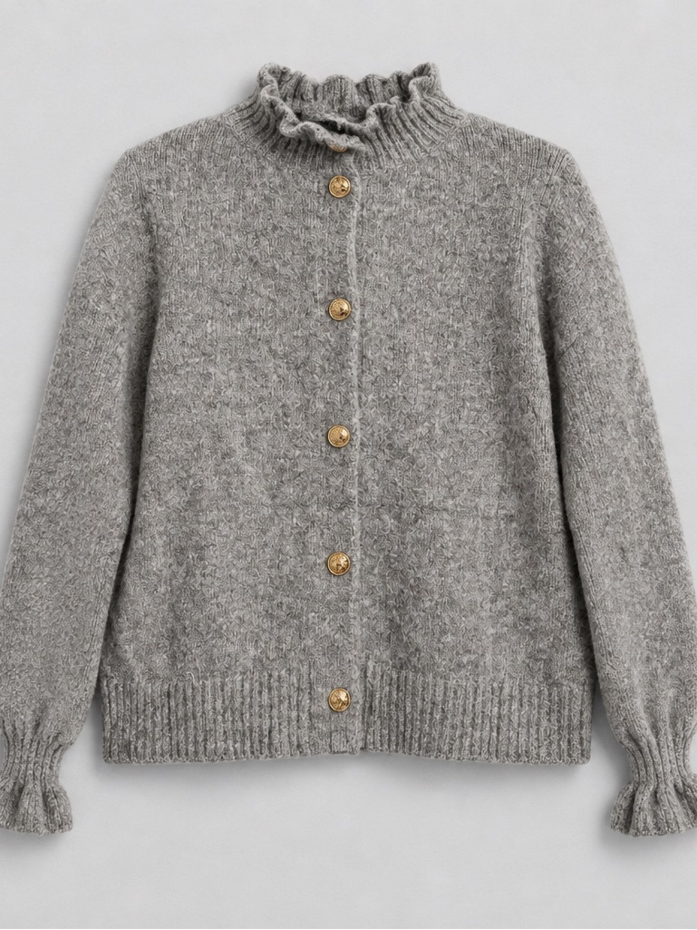 Ruffle Collar Button-Front Gray Women's Cardigan Sweater